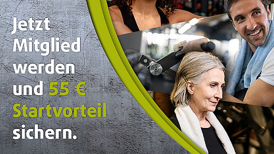 Bild mit drei trainierenden Menschen mit der Aufschrift "Jetzt Mitglied werden und 55,00 € Startvorteil sichern."
